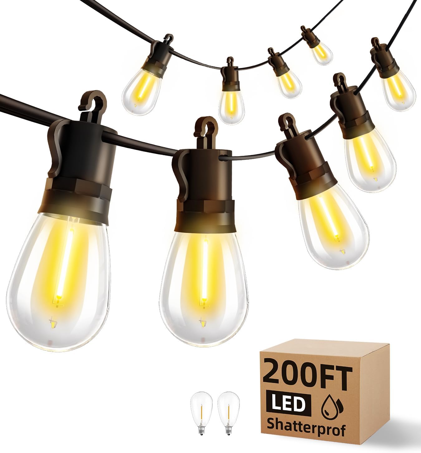 Outdoor String Lights Patio LED Light Outside - 60M IP65 Waterproof 58+2 S14 LED 200ft Porch Lighting