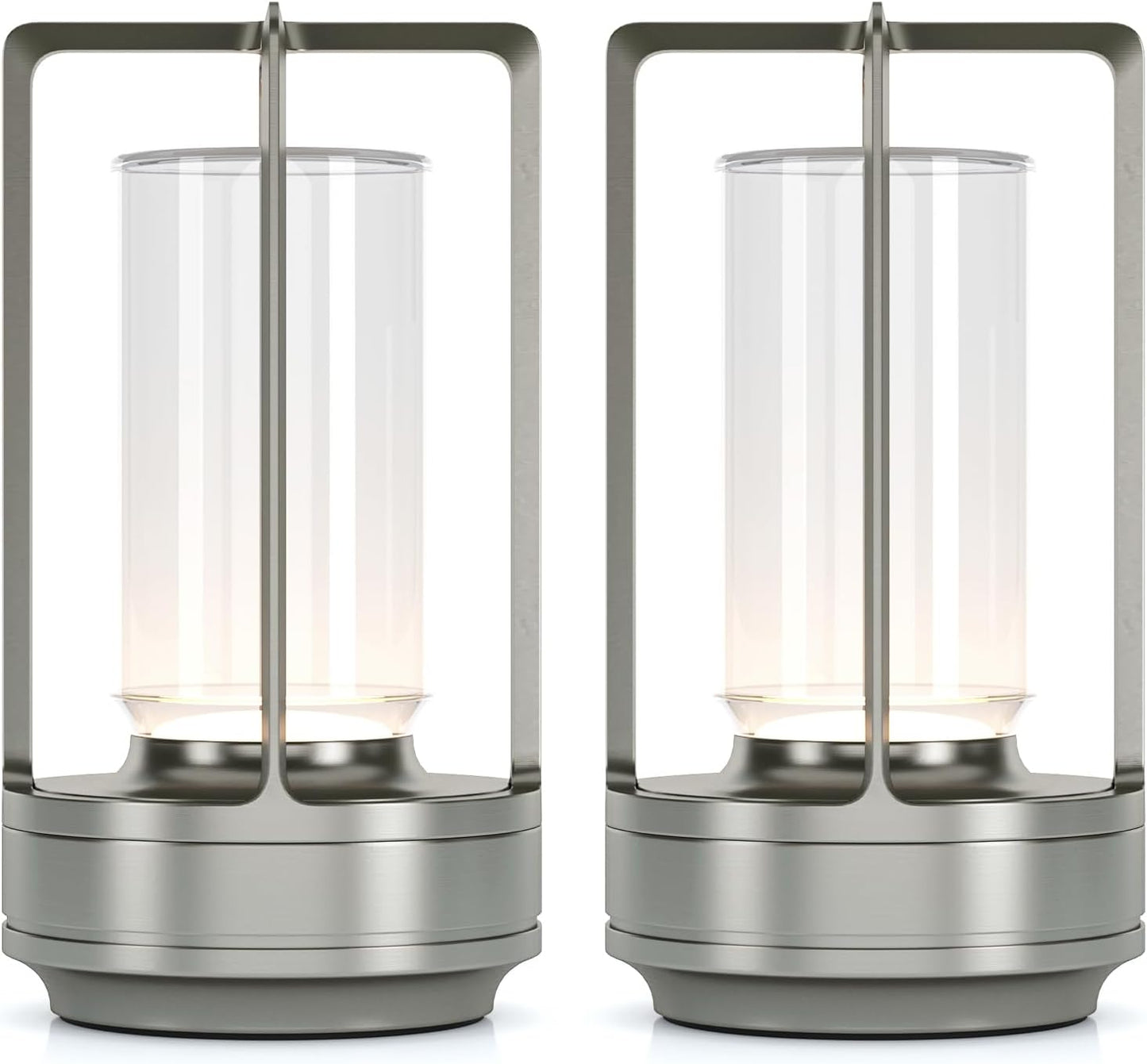 Portable Metal Table Lamp for Indoor/Outdoor ,Rechargeable Cordless LED Lamp, 3-Colour Infinitely Dimming Battery Powered Small Desk Lamp, Restaurant/Bedroom/Bar/Coffee/Camping Light (Sliver Set of 2)