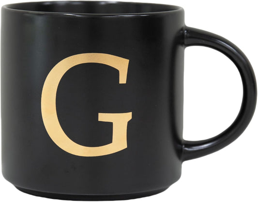 COLLECTIVE HOME - Monogram Ceramic Mugs, 15 oz Golden Initial Black Coffee Cups, Elegant Alphabet Tea Mugs, Elegant Personalized Mug with Gift Box, Unique Mug with Double Side Capital Lette (G)