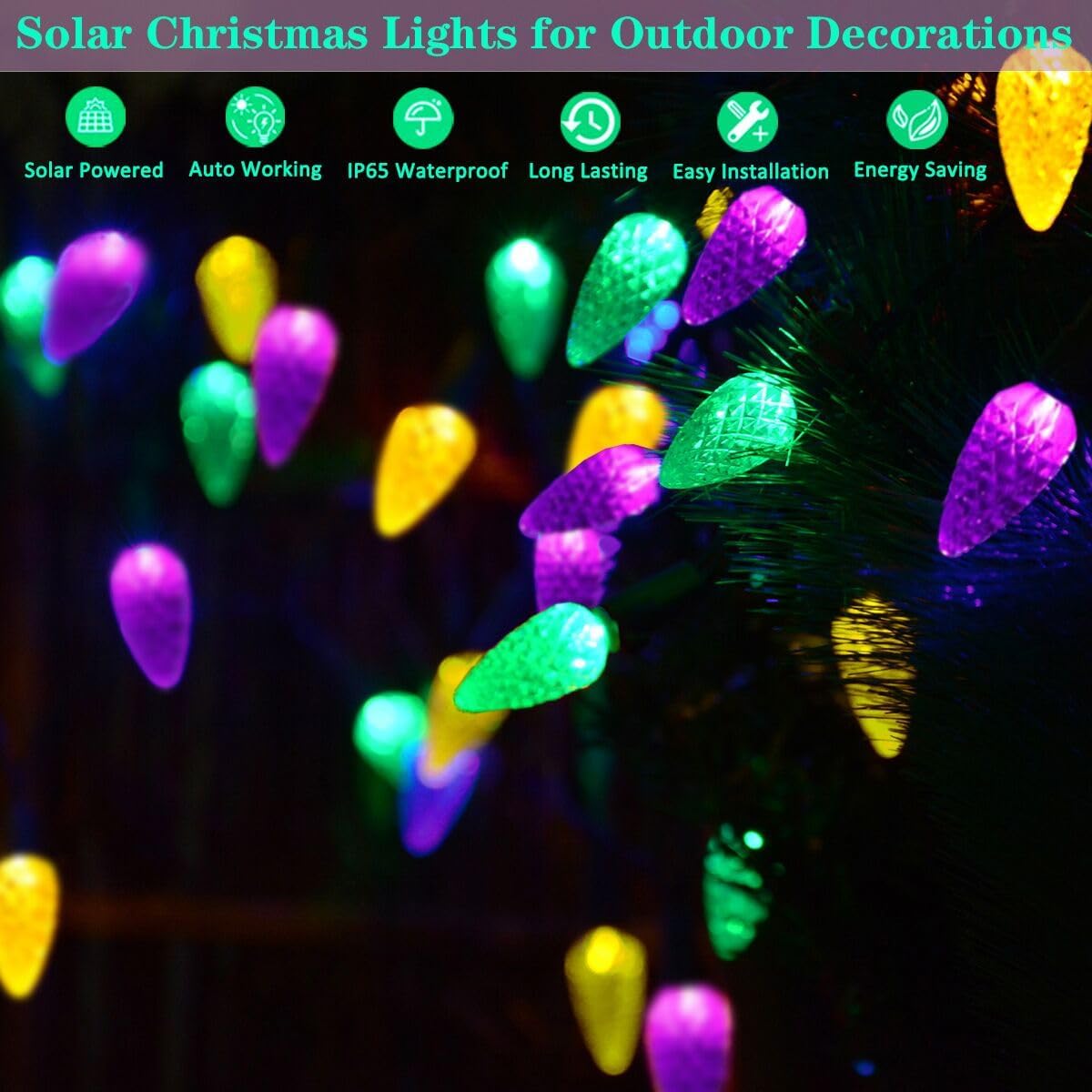 Solar Halloween Lights Christmas Lights C6 Strawberry String Lights Mardi Gras String Lights, 50 LED 8 Modes Waterproof Outdoor Use for Mardi Gras Christmas Tree Camping Balcony Halloween Party Decor