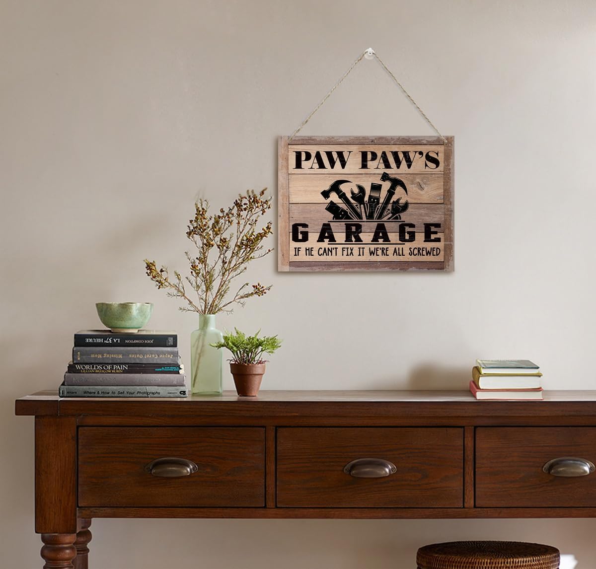 Rustic Sign, Father's Day Gift, Dad's Gift, Grandpa's Gift, Decor Hanging Wood Signs, Printed Wood Wall Art Sign, Paw Paw's Garage, If He Can't Fix It We're All Screwed, Vintage Sign Gift for Grandpa