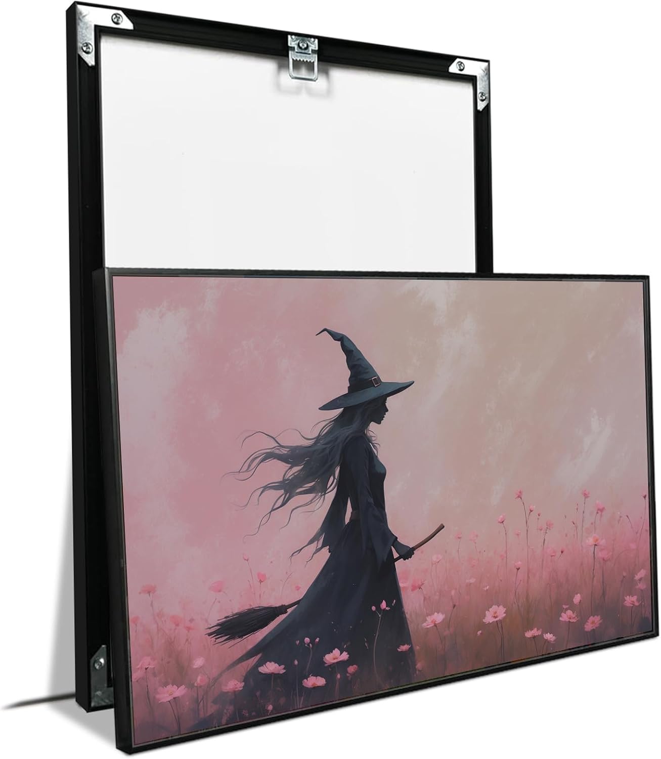 JFHCQJPK Witch in the pink sea of flowers Halloween prints weird flowers wall art silhouette painting fashionable romantic decoration suitable for bedroom16x24in Metal blackFramed