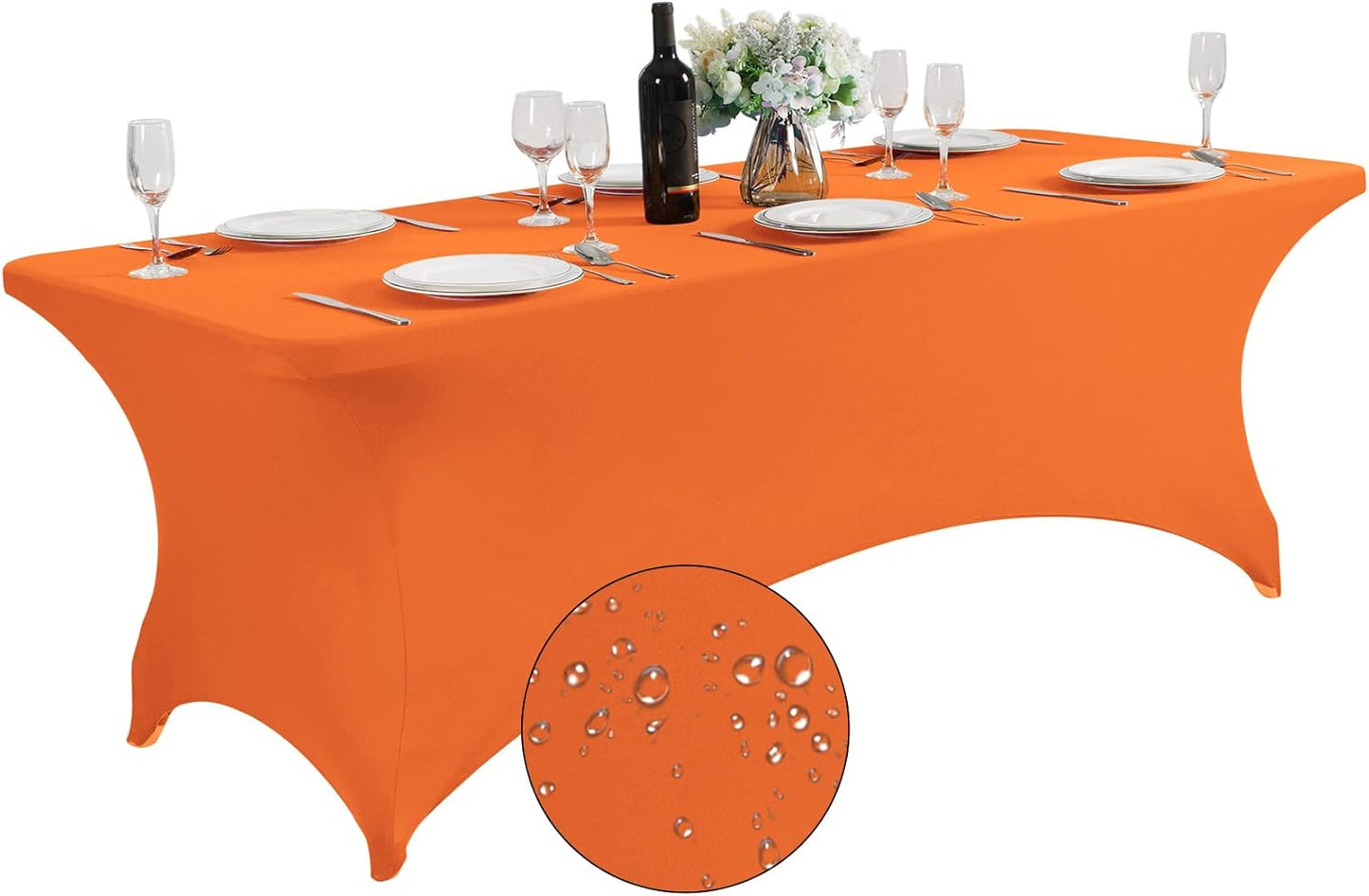 SuperO Waterproof Spandex Table Cover for 8FT Table Universal Fitted Stretch Tablecloth for Party, Banquet, Wedding and Events-Orange