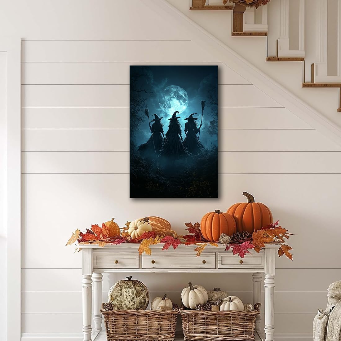 Moonlight Witches Halloween Canvas Art Picture,Three Witches on Broom in Forest Painting Print Gothic Decor,Halloween Witch Poster Witchy Room Aesthetic Bedroom Home Decorations,12"x18" Framed