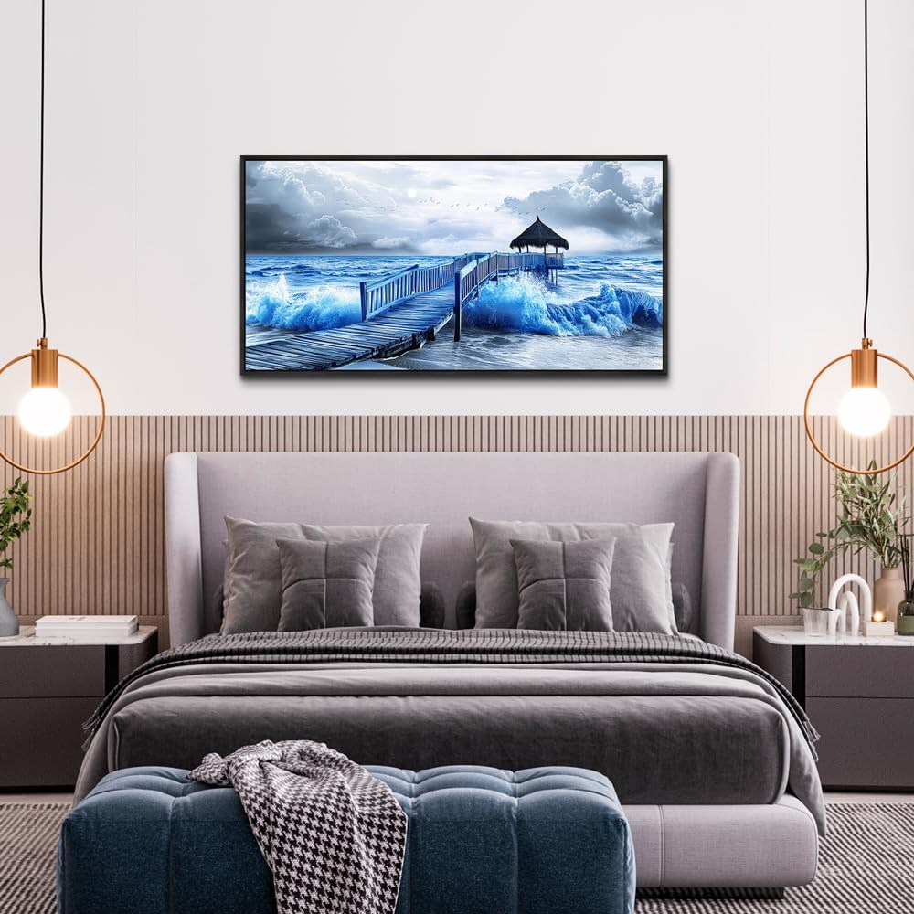 ZUITINGHUA Large Black Framed Wall Decor For Living Room Canvas Wall Art For Office Modern Wall Decorations For Bedroom Ocean Landscape Painting Black And White Pictures Artwork Home Decor 24x48 In