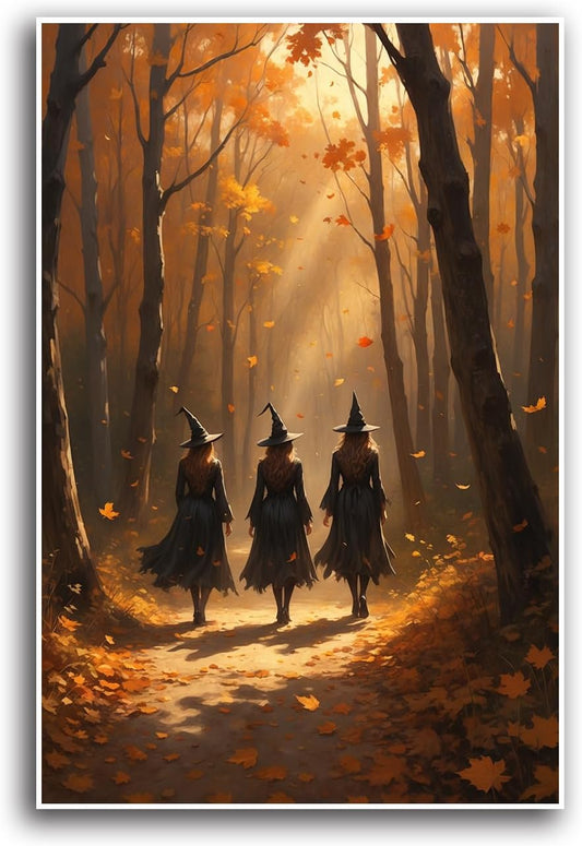 JFHCQJPK Three witches walking in the forest in autumn canvas painting gothic poster halloween print country witch wall art for home decoration24x36in Frameless