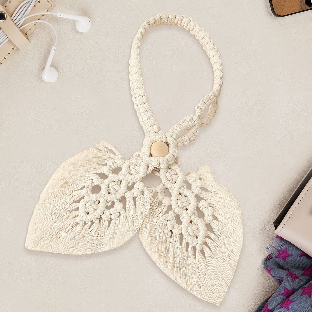 2-Pack Boho Cotton Curtain Tiebacks with Handmade Double Leaves & Adjustable Wood Beads (Beige)