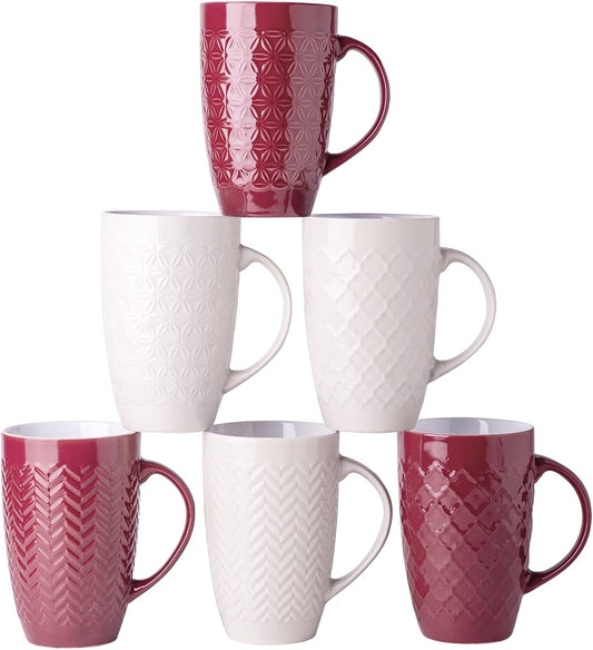 AmorArc Large Coffee Mugs Set of 6, 20oz Ceramic Tall Coffee Mugs Set with Textured Geometric Patterns for Coffee/Tea/Beer/Hot Cocoa, Dishwasher & Microwave Safe, Beige&Burgundy