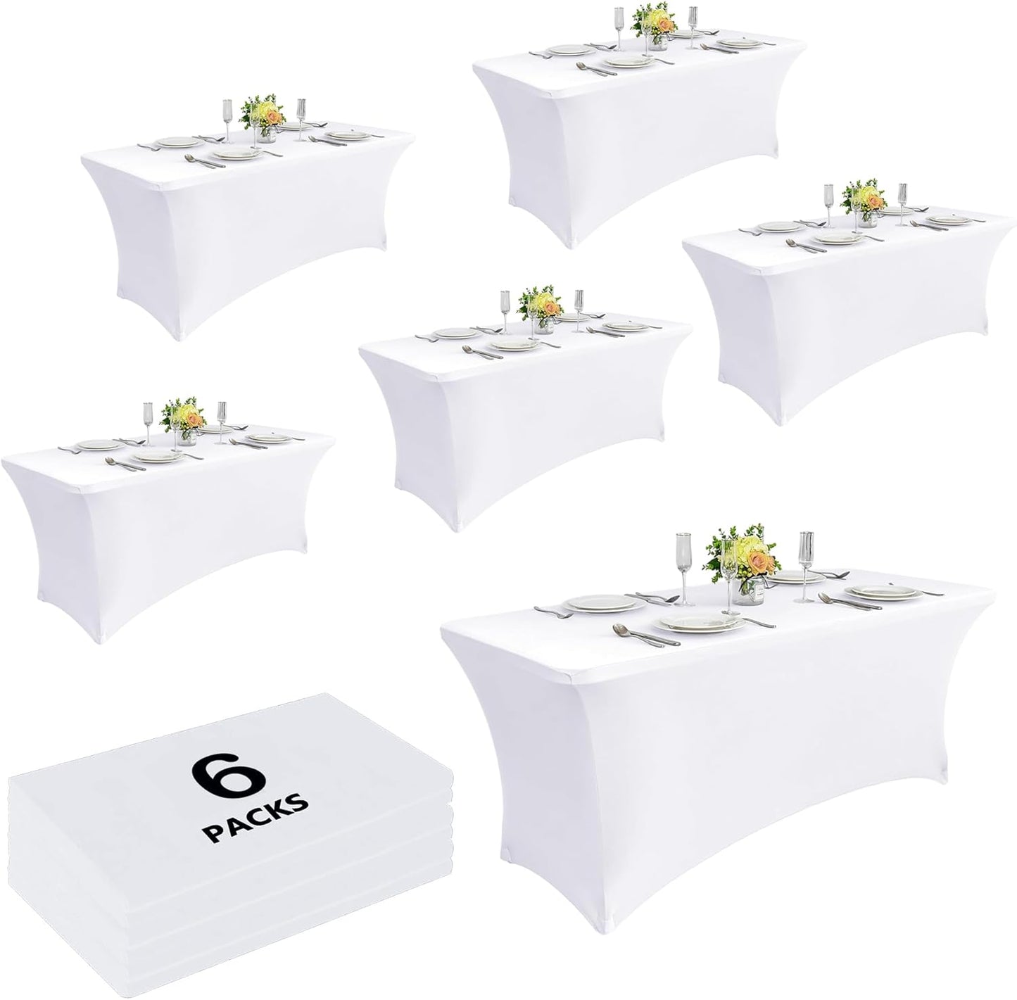 Craft And Party 6 Pack 8ft White Spandex Tablecloth – Fitted Stretch Cover – Universal Fit for Folding Tables – Wrinkle-Free, Washable – Ideal for Parties, Weddings, Events