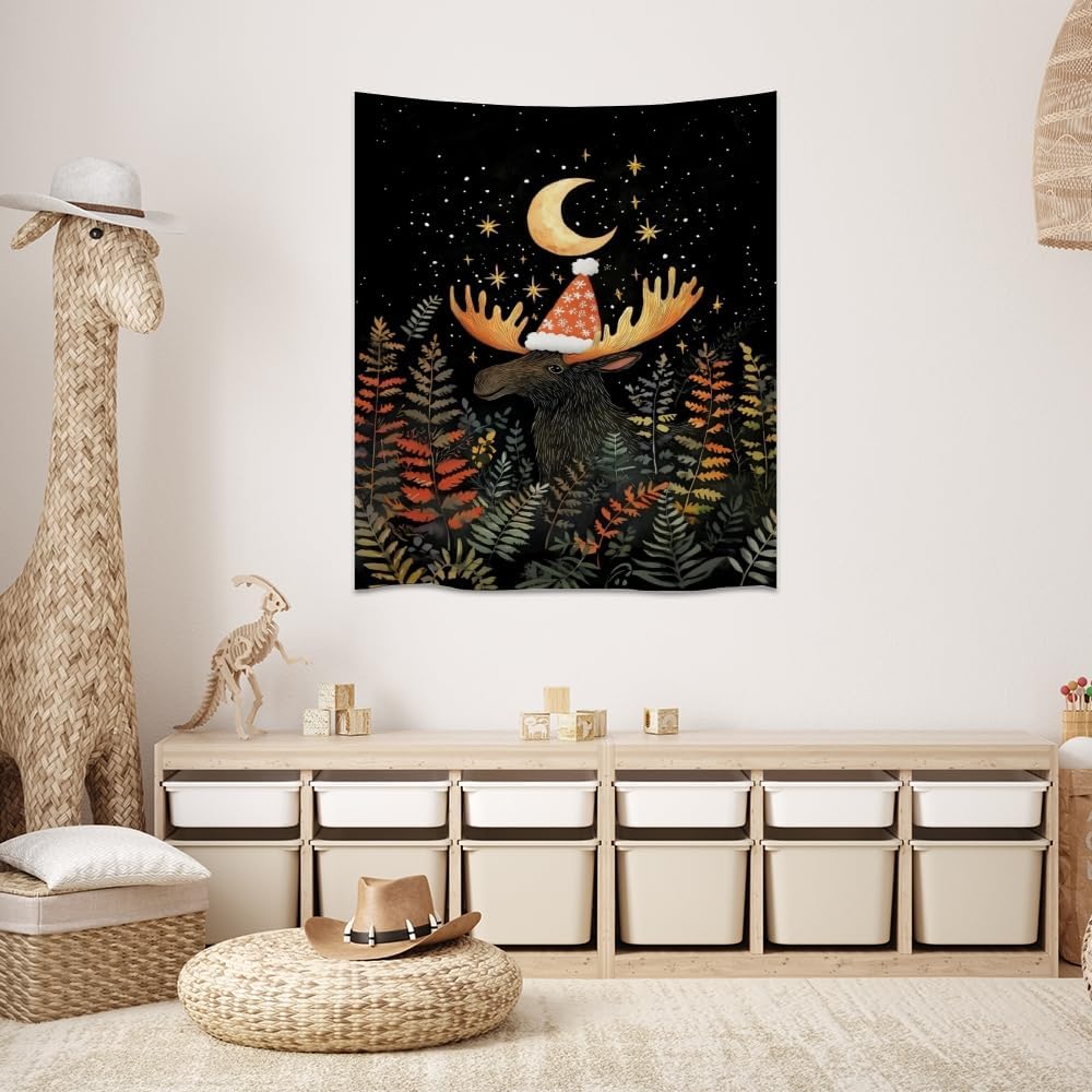 Cute Moose Tapestry Winter Christmas Aesthetic Wall Hanging Decor Funny Animal Lover Gift Whimsical Christmas Tapestries for Nursery Kids Bedroom Home Living Room Decoration 70x90inch