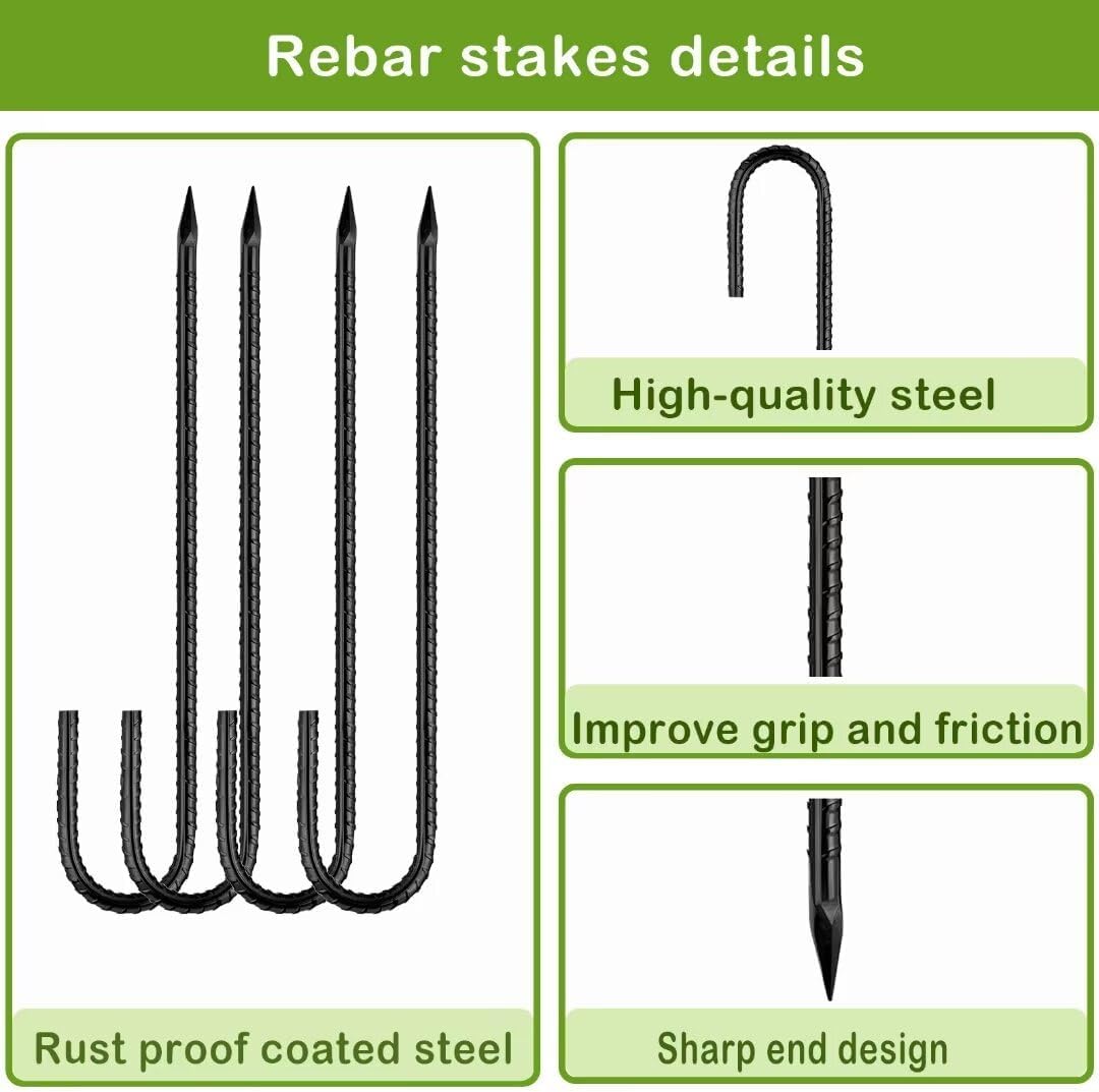 Rebar-Stakes-12-Inch, Ground Stakes Heavy Duty J-Hook Black Coated Anti-Rust Heavy Duty Ground Anchors for Garden Dog Fence Chicken Coop Christmas Decorations Deer Fence 12pcs