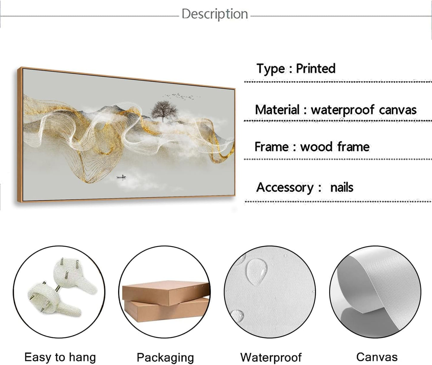 HUADAOART Wall Art Modern Zen Light Luxury Natural Landscape with Golden and White lines Background Wall Decor Canvas Prints for Living Room Bedroom 20x40 Inches (Framed)