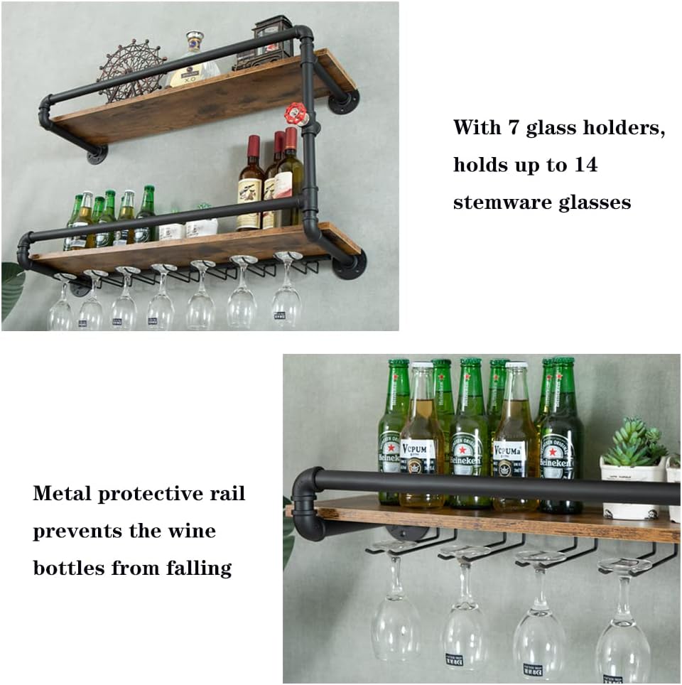 Wine Rack Wall Mounted 2 Tier, Hanging Floating Bar Liquor Shelves with Glass Holder Storage Under, Industrial Rustic Pipe Farmhouse Kitchen Decor Black(35.4x10.6x19.7)