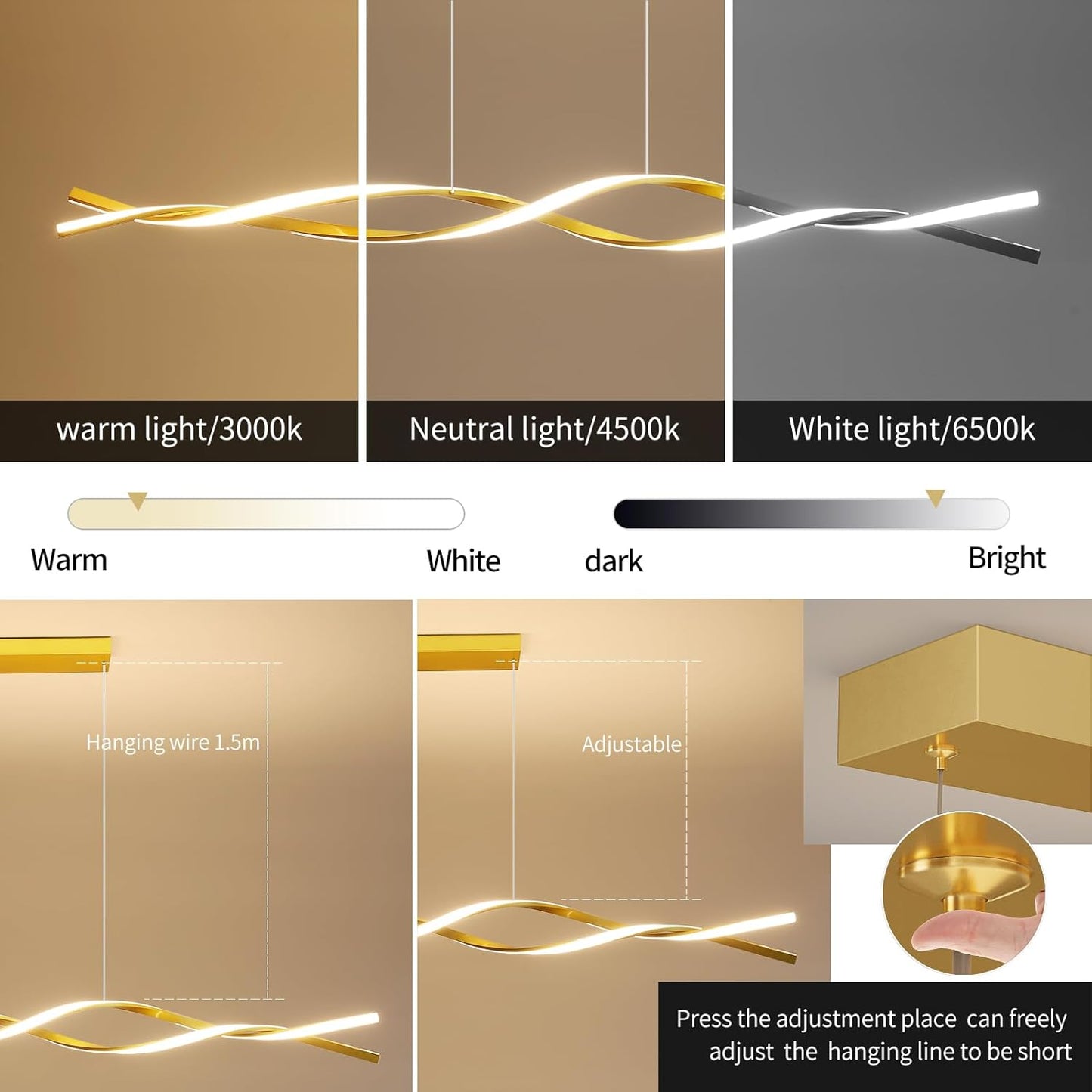 Modern Ceiling Pendant Light, with Remote Control Dimmable 3 Color Mode & Brightness Ceiling Lamp, Anti-Flicker Dining Light Fixture for Kitchen, Dining Room (Gold, 59IN)