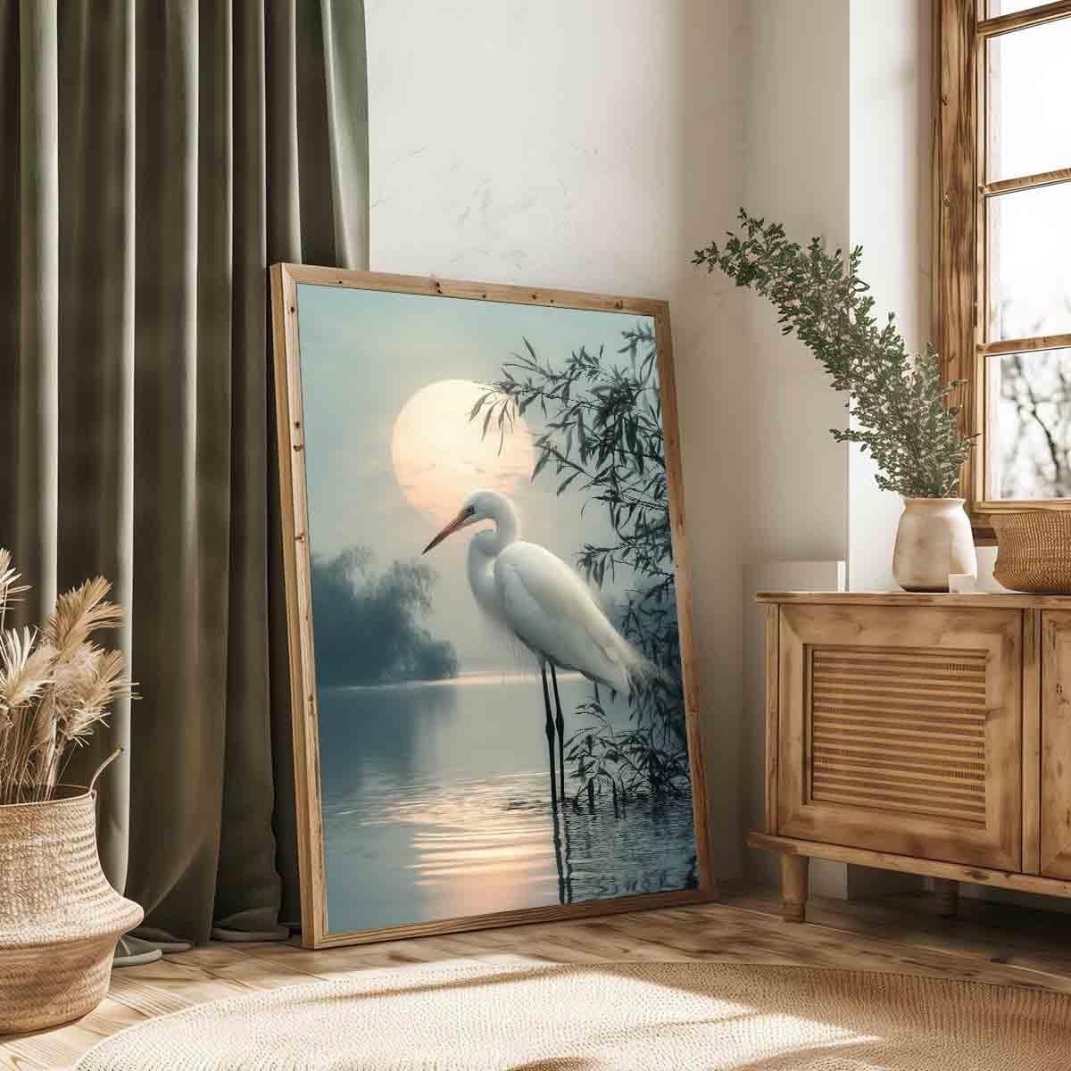 White Heron Wall Art Watercolor Heron Print Vintage Crane Bird Pictures Japanese Crane Painting Watercolor Bird Artwork Sunset Abstract Wall Art Coastal Living Room Decor 16x24inch No Frame