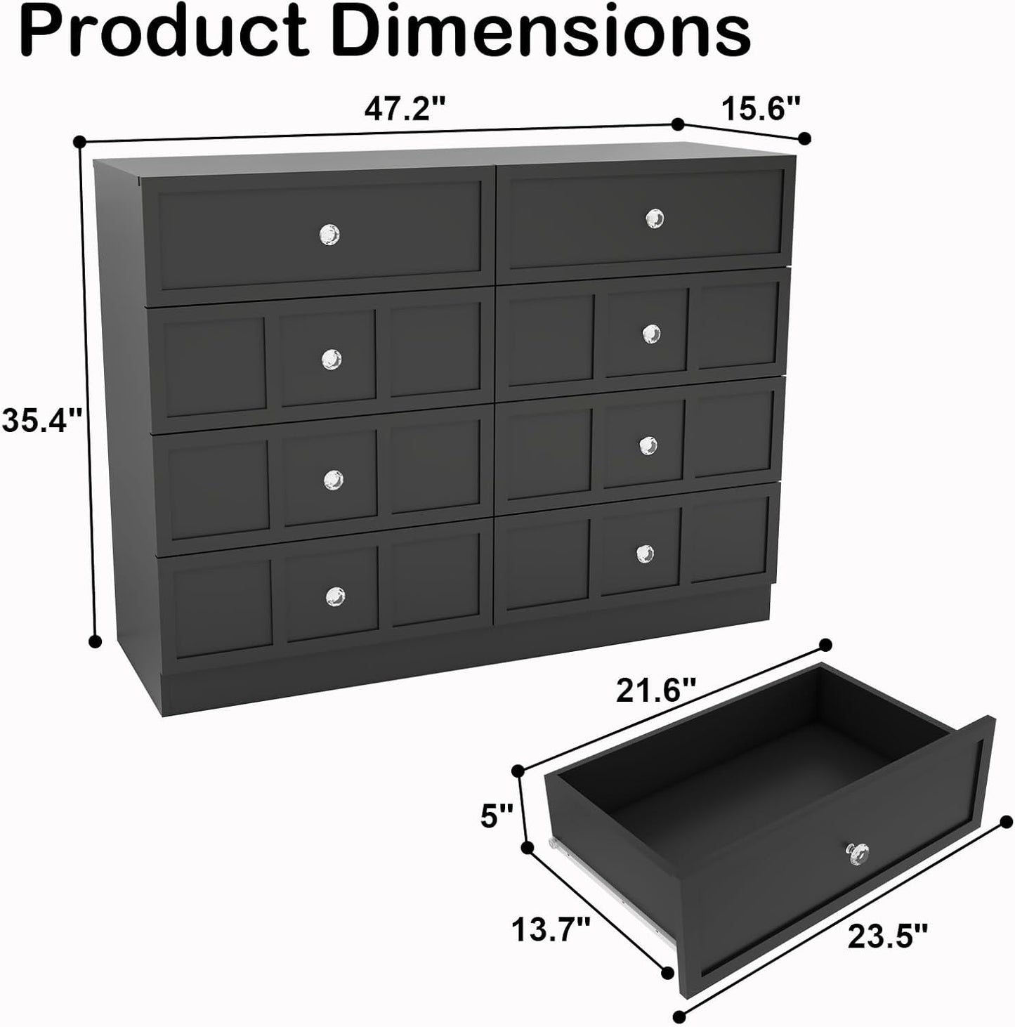 Wood Dresser for Bedroom 8 Drawer: 47" Black Chest of Drawers Wood, Modern Fluted Cabinet with Sturdy Storage, Wide Aesthetic Furniture for Room Organization