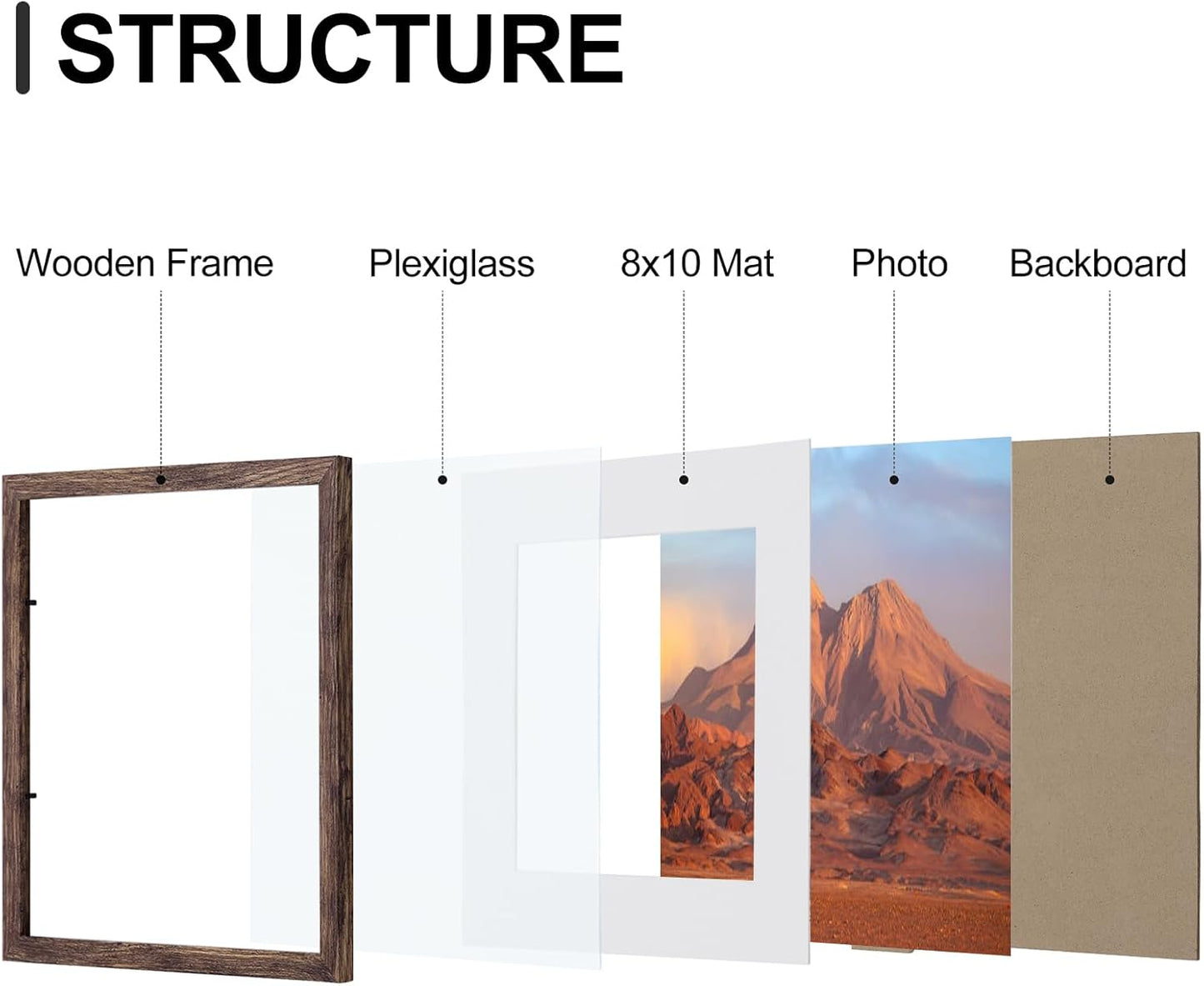 Vittanly 11x14 Picture Frames Set of 9, Shatter Resistant Plexiglass, Display 8x10 Pictures with Mat or 11x14 without Mat, Photo Frames for Wall or Tabletop, Engineered Wood, Brown