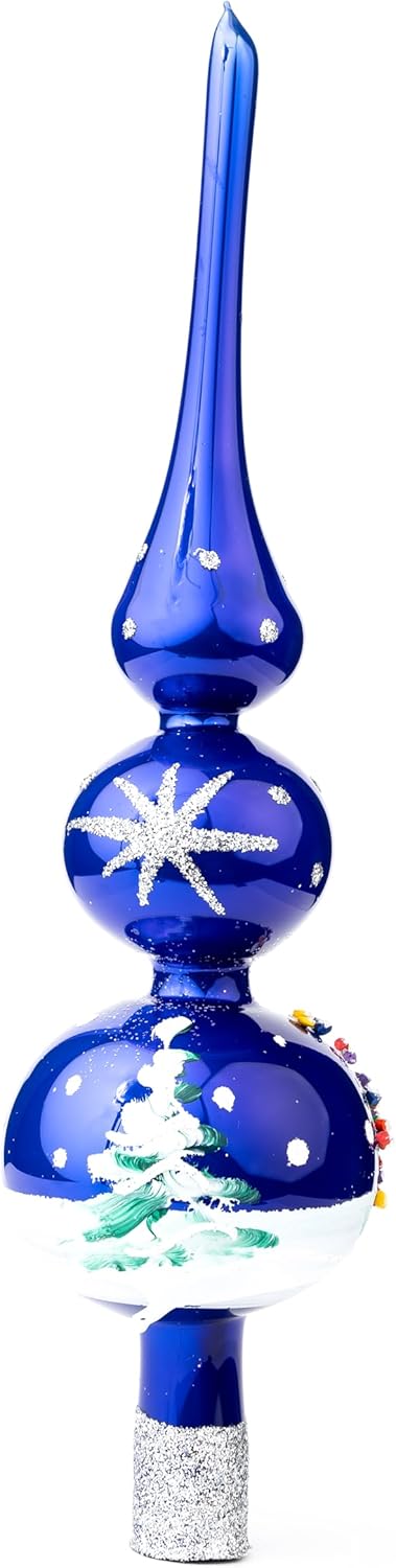 Christmas Tree Topper Spitz Glass Mouth Blown Hand-Decorated Embellishments (Midnight Blue, 12 inch)