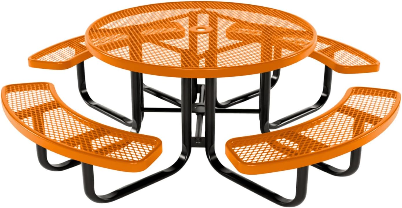 Coated Outdoor Furniture Heavy-Duty Portable Outdoor Kids Table with Umbrella Hole, Expanded Metal Kids Picnic Table, Commercial-Grade, Made in America (46 In, Round, Childrens, Orange)