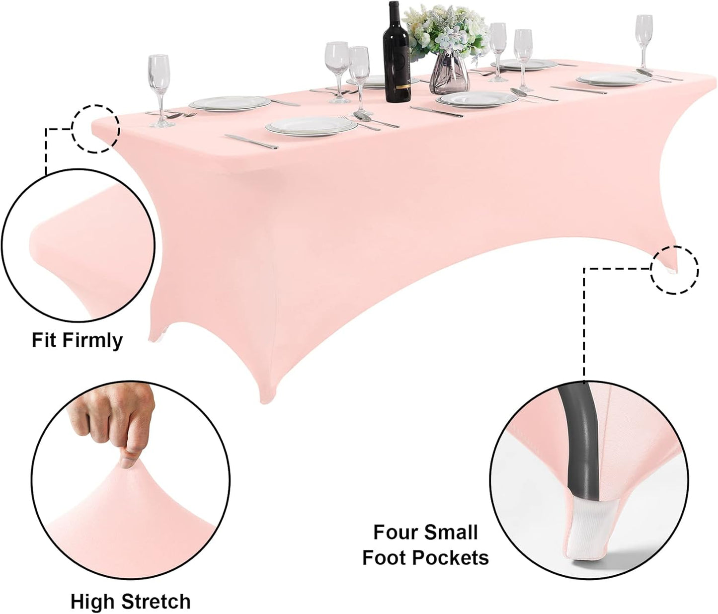 SuperO 2Pack Waterproof Spandex Table Cover for 6FT Table Universal Fitted Stretch Tablecloth for Party, Banquet, Wedding and Events-Blush Pink