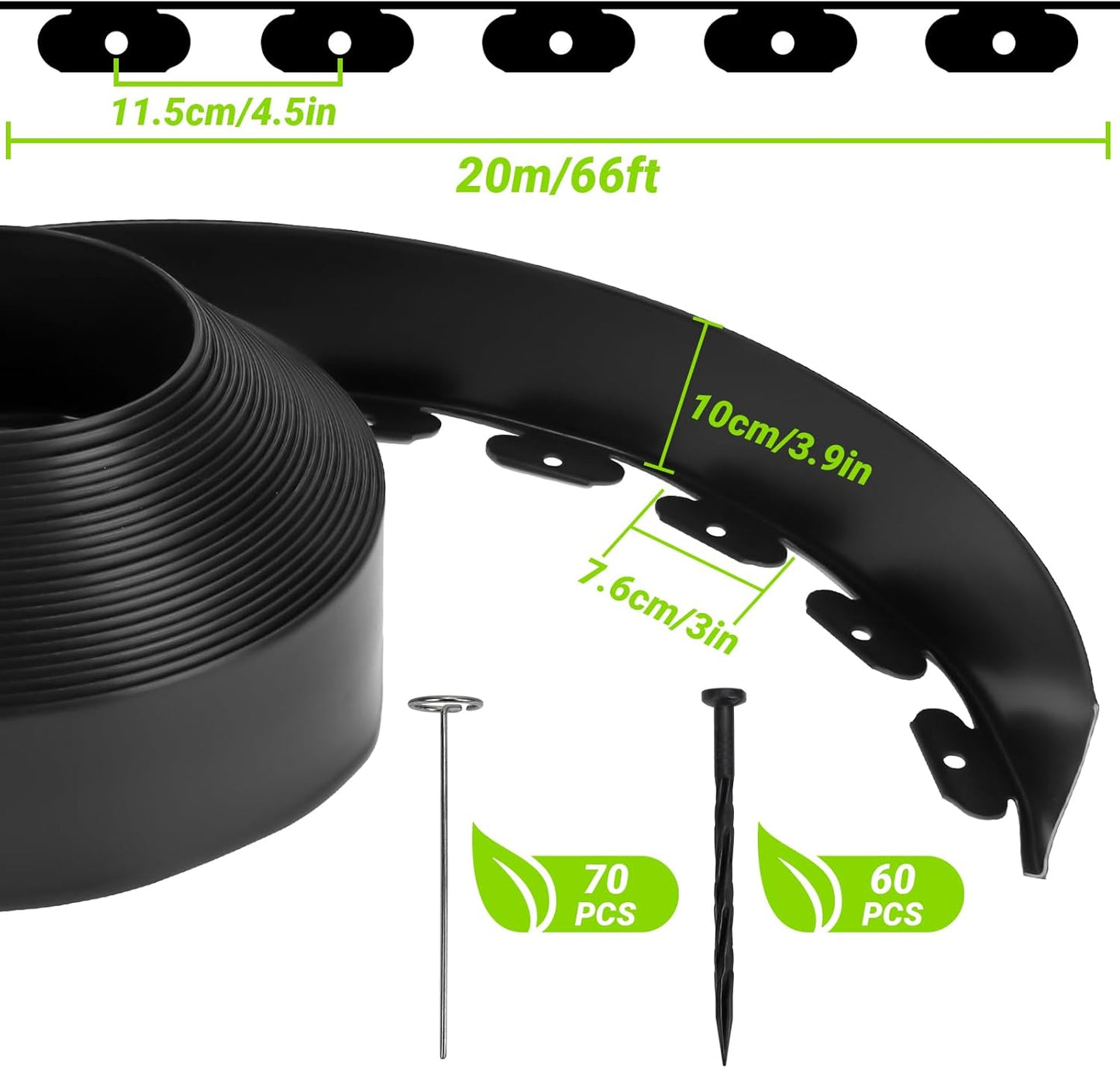 Greaner Landscape Edging Kit, Durable Plastic Garden Border Edging with 130 PCS Spikes, No Dig Edging for Landscaping, Flexible Lawn Edging for Garden, Flower Beds, Lawn, Yard, Pathway(Black, 66FT)