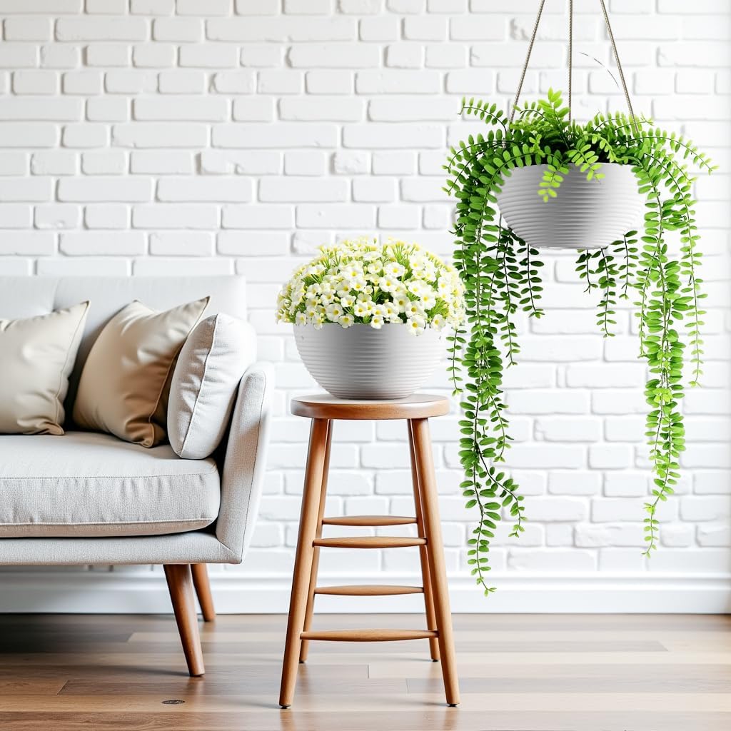 Line Pattern 10 Inch Hanging Planter for Indoor Outdoor Plants, 2 Pack Round Hanging Pots for Plants (White)
