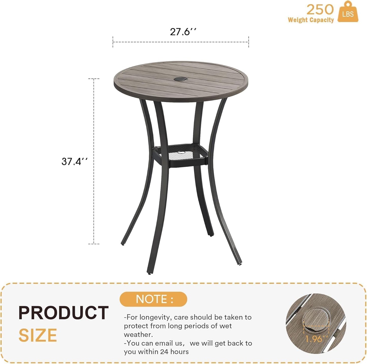 VICLLAX 28" Round Outdoor Bar Table with Adjustable Umbrella Hole, Counter Height Outdoor Furniture for Balcony, Grey Wood-Like