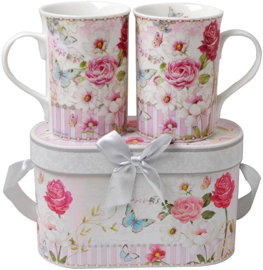 Lightahead Elegent Bone China 2 Coffee Tea Mugs set floral Design in attractive gift box 11 oz each