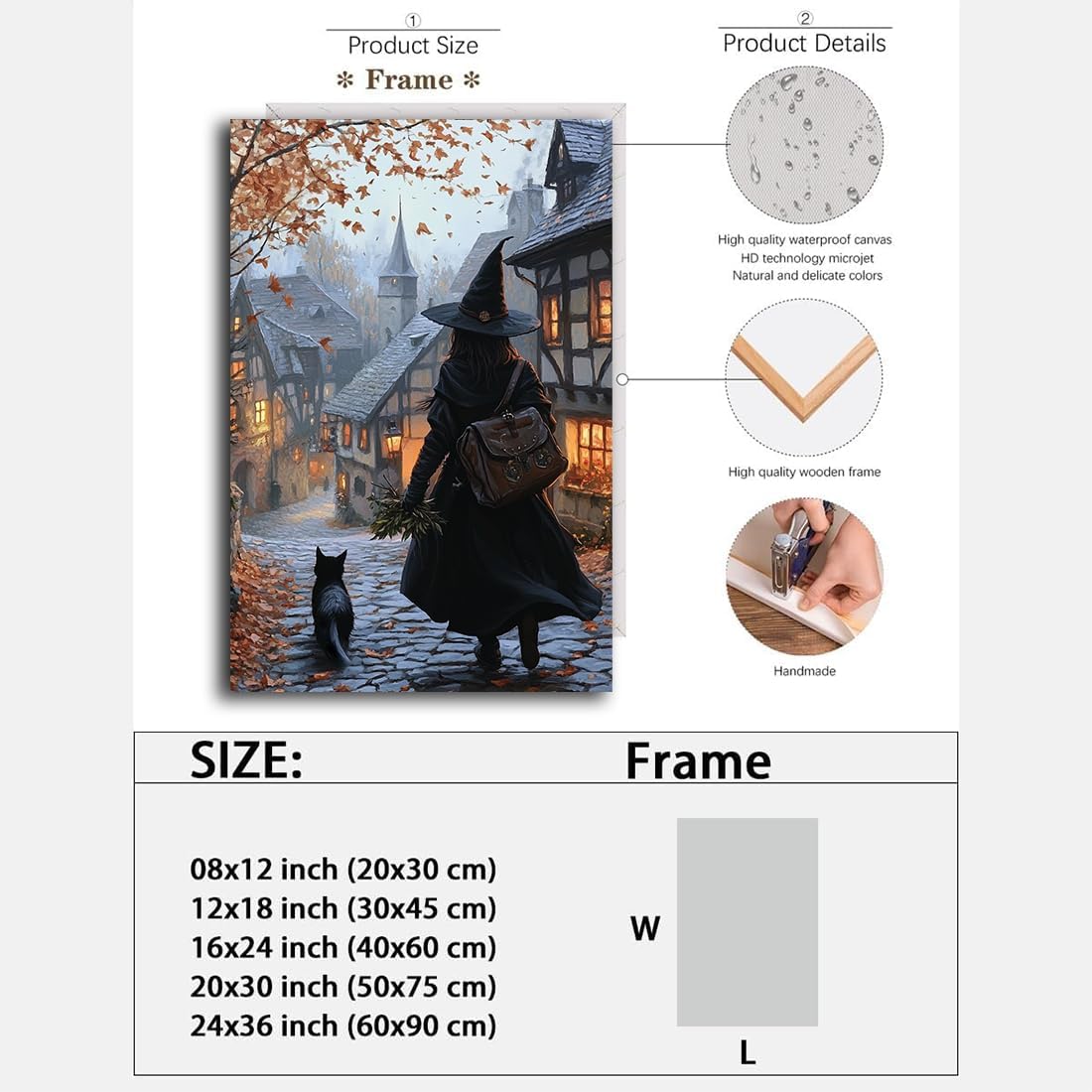 Autumn Witch And Black Cat Picture Wall Decor,Halloween Canvas Vintage Rustic Wall Art,Preppy Bedroom Living Room Bathroom Poster Print,16"x24" Framed