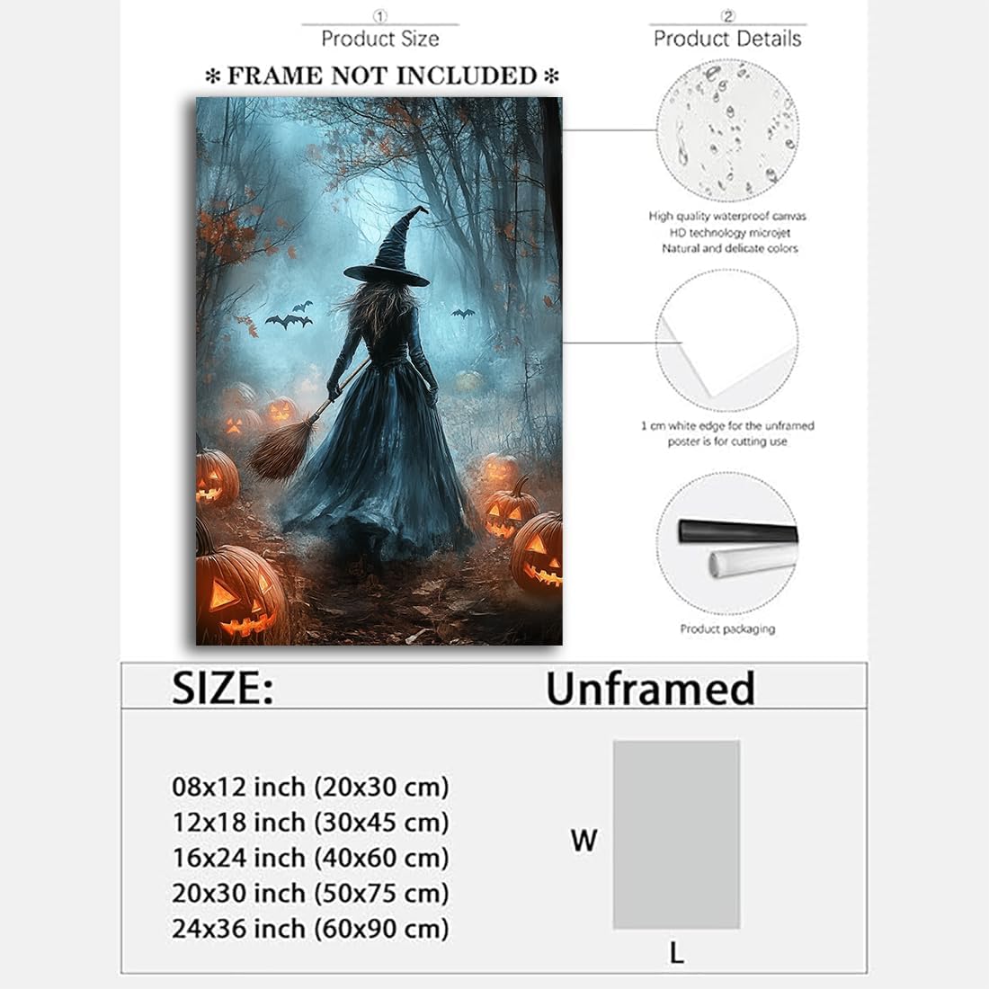 Vintage Moody Halloween Witch Artwork Wall Decor,Spooky Halloween Gothic Canvas Artwork Creepy Horror Witch with A Broom Pumpkin Bats Rustic Forest Picture,Dark Academia Poster,16"x24" Unframed