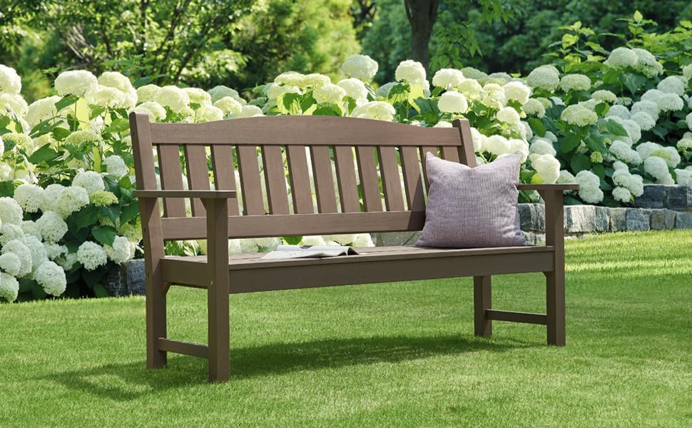 Psilvam 3-Person Outdoor Memorial Bench, All-Weather Poly Lumber Garden Bench, Rot-Resistant Outdoor Patio Bench for Park,Porch,and Church(Brown)