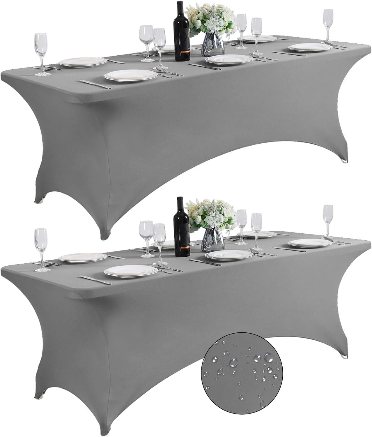 SuperO 2Pack Waterproof Spandex Table Cover for 8FT Table Universal Fitted Stretch Tablecloth for Party, Banquet, Wedding and Events-Gray