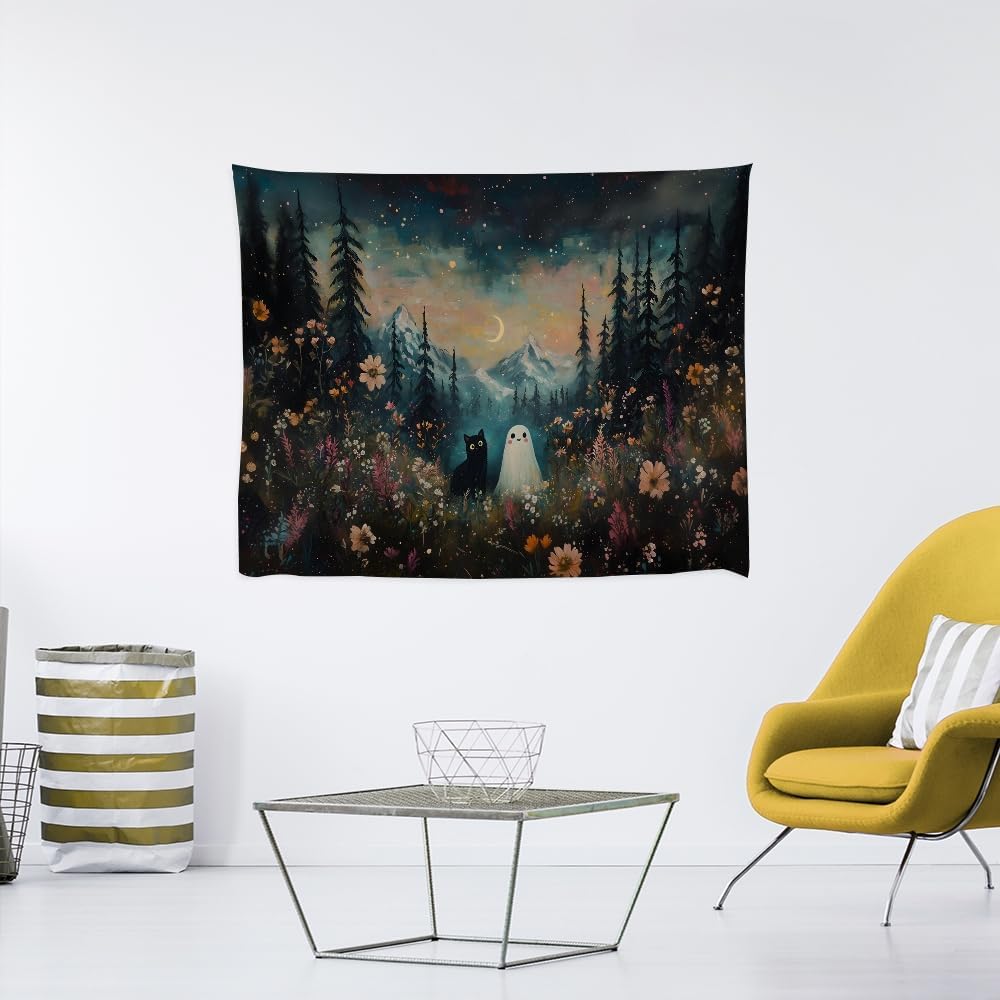 Whimsical Halloween Tapestry Wall Hanging Ghost and Black Cat in Magical Forest Wildflowers Meadow Tapestry Art Print Charming Spooky Fall Season Tapestries for Living Room Bedroom Decor 70x90inch