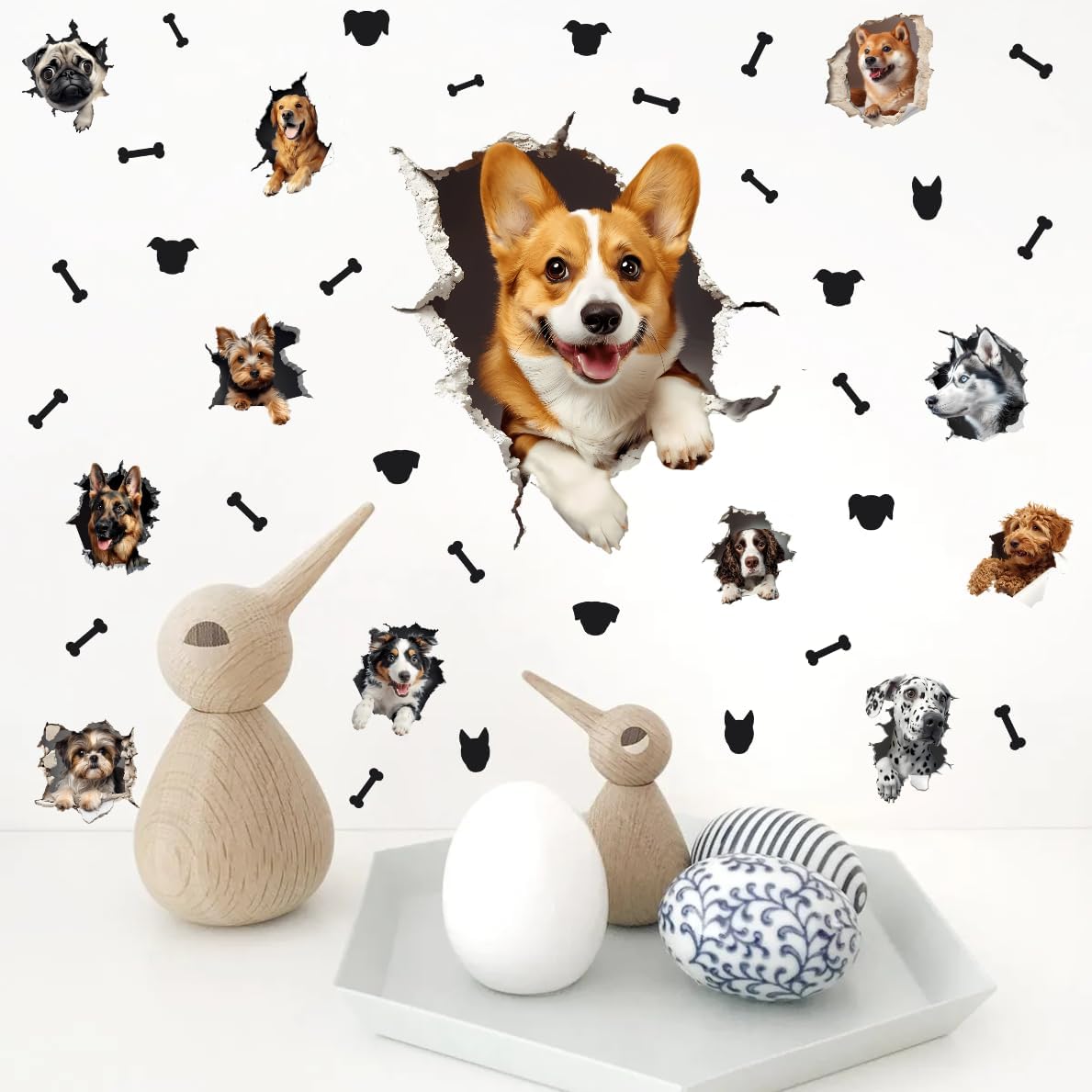 Large 3D Dogs Wall Stickers,Lovely Pet Dog with Bone Vinyl Wall Decals, Removable Dog Crack Hole Wall Art for Dogs Lover Bedroom Playroom Pet Shop Decor
