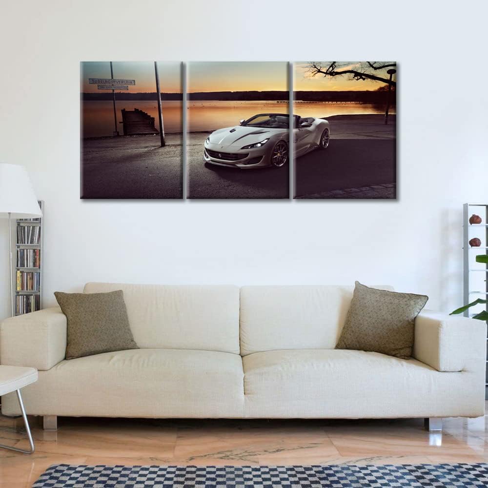 TUMOVO White Sports Car Canvas Wall Art for Living Room Hypercar by the Lake Modern Abstract Painting 3 Pieces Supercar Picture for Bedroom Office Home Wall Decorations Frame Wall Decor, 36" Wx16 H