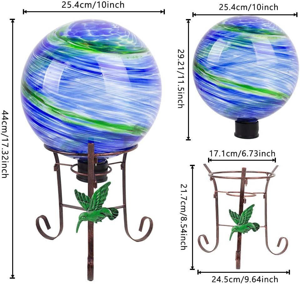 10" Diameter Gazing Ball with 8.5" Hummingbird Metal Stand Outdoor Garden Decor,Glass Globe Sphere Yard Art Decorations Outdoor,Glass Gazing Balls for Garden,Home,Lawn,Patio,Porch(Blue)