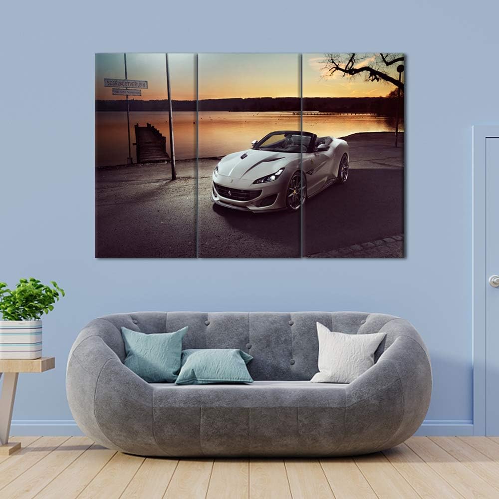TUMOVO 3 Pieces Wall Art Landscape and White Sports Car Painting The Picture Print On Canvas Racing Car Pictures for Home Decor Decoration Gift Piece 40 x 20inch x 3 Panels