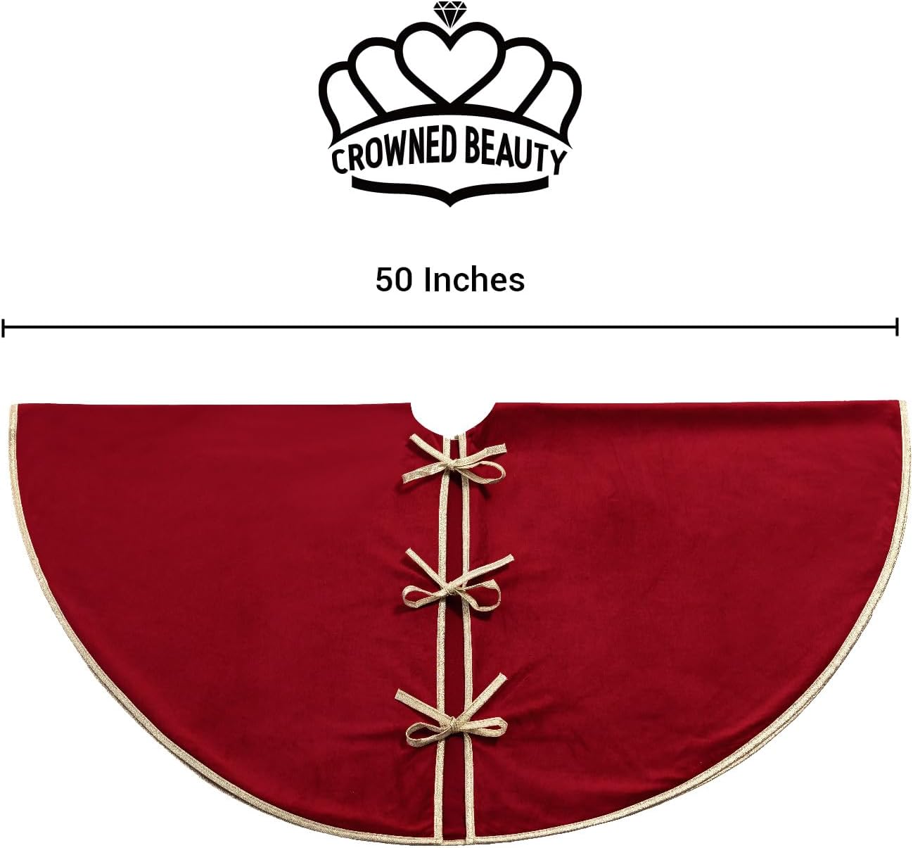 CROWNED BEAUTY Christmas Tree Skirt Red Velvet Collar 50 Inch Embroidered Gold Pine Trees Soft Plush Fur Holiday Decoration (Red) TS36-50