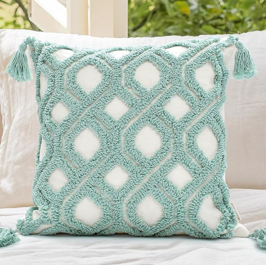 Boho Pillow Covers 18X18 Inch Boho Tufted Throw Pillow Covers Decorative Tassels Cushion Cover Farmhouse Pillow Case for Couch Sofa Bed Living Room Bedroom, Aqua Green