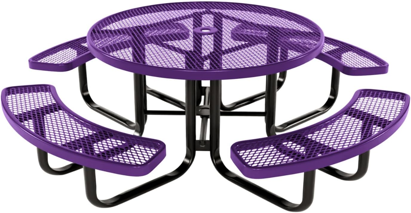 Coated Outdoor Furniture Heavy-Duty Portable Outdoor Kids Table with Umbrella Hole, Expanded Metal Kids Picnic Table, Commercial-Grade, Made in America (46 In, Round, Childrens, Purple)