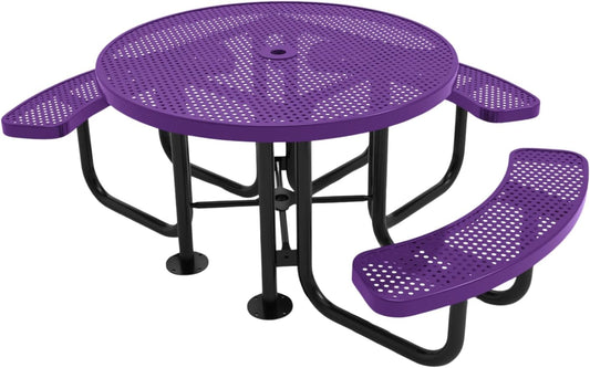 Heavy-Duty Portable Outdoor Picnic Table with Umbrella Hole, Punched Steel Patio Dining Furniture Made in America (46" Round Top, Textured Purple)