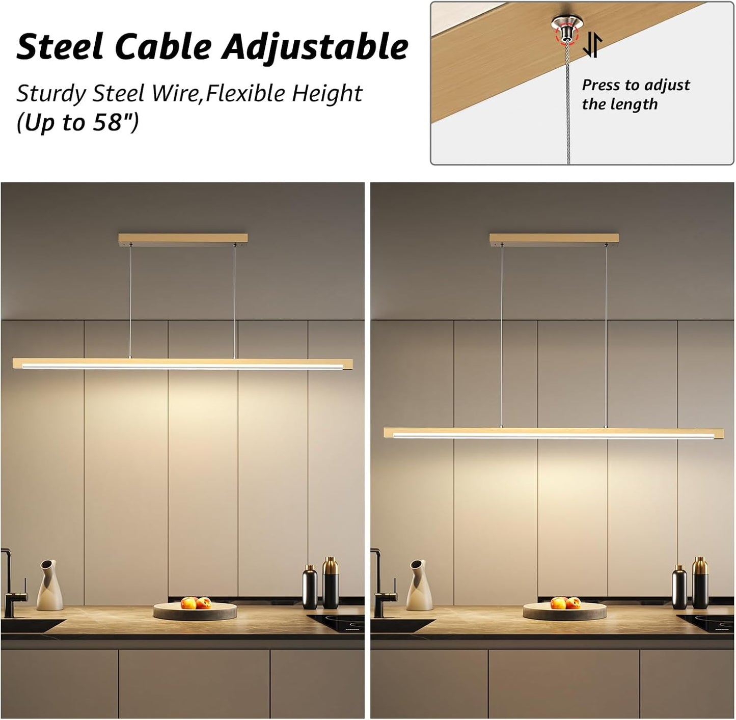 40W Gold Linear Pendant Light Aluminum, 54" Dimmable Kitchen Island Lighting with Remote & App Control, Adjustable CCT (3000K-6000K), Dining Room Chandelier for Home Office Study