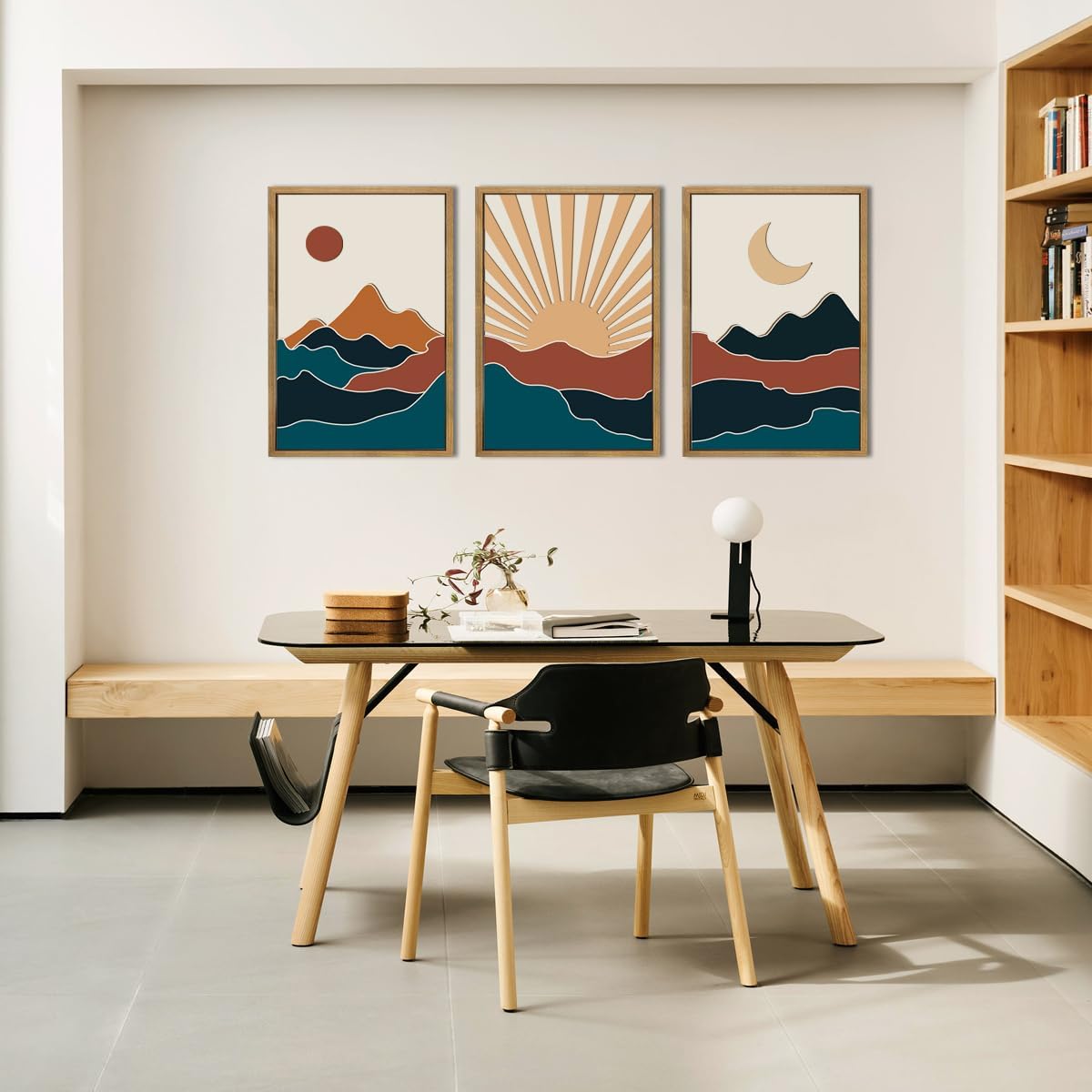 Large Boho Mountain Wall Art Set Modern Abstract Bohemian Wood Wall Decor Colorful Mid Century Neutral Artwork Sun and Moon Art Decor for Living Room Bedroom Office-16x24Inch x3