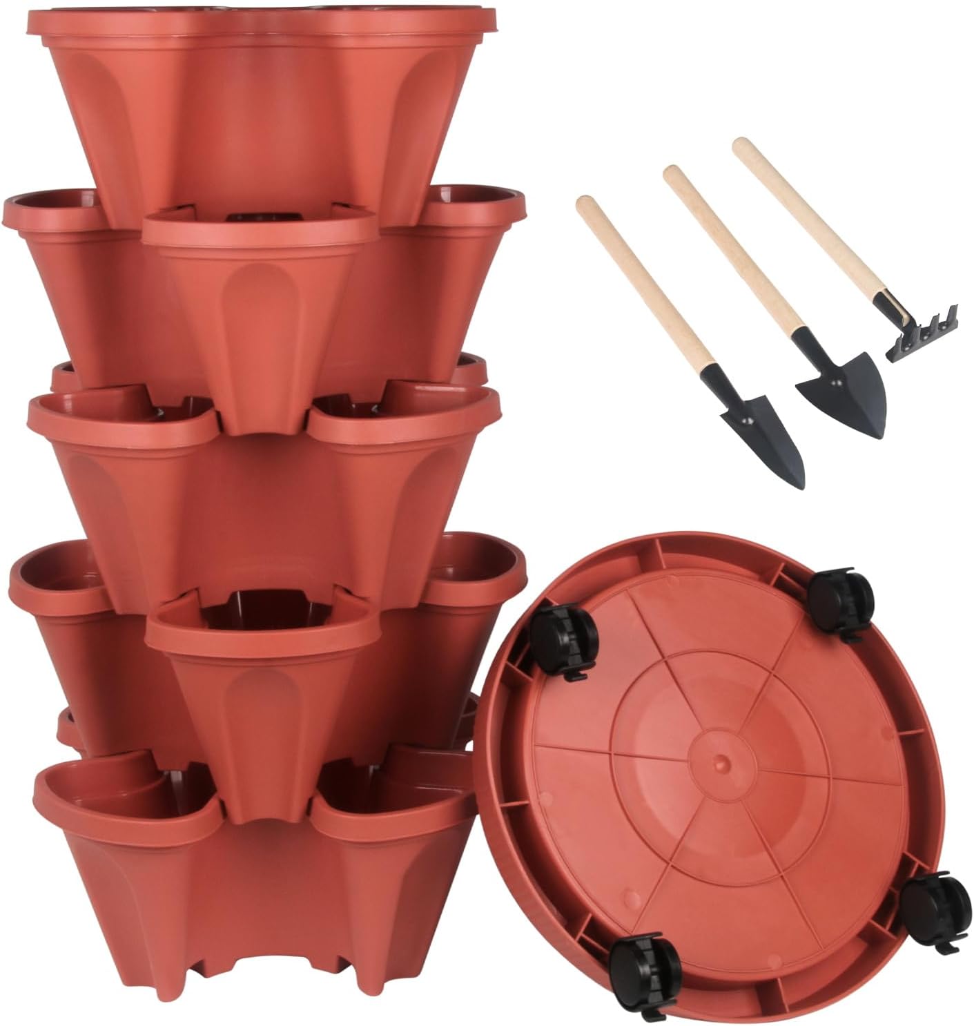 DUNCHATY Stackable Planters 5 Tier Vertical Garden Planting Tower Planters Strawberry, Herb, Flower, and Vegetable Planter Indoor Outdoor Gardening Pots with Removable Wheels and Tools