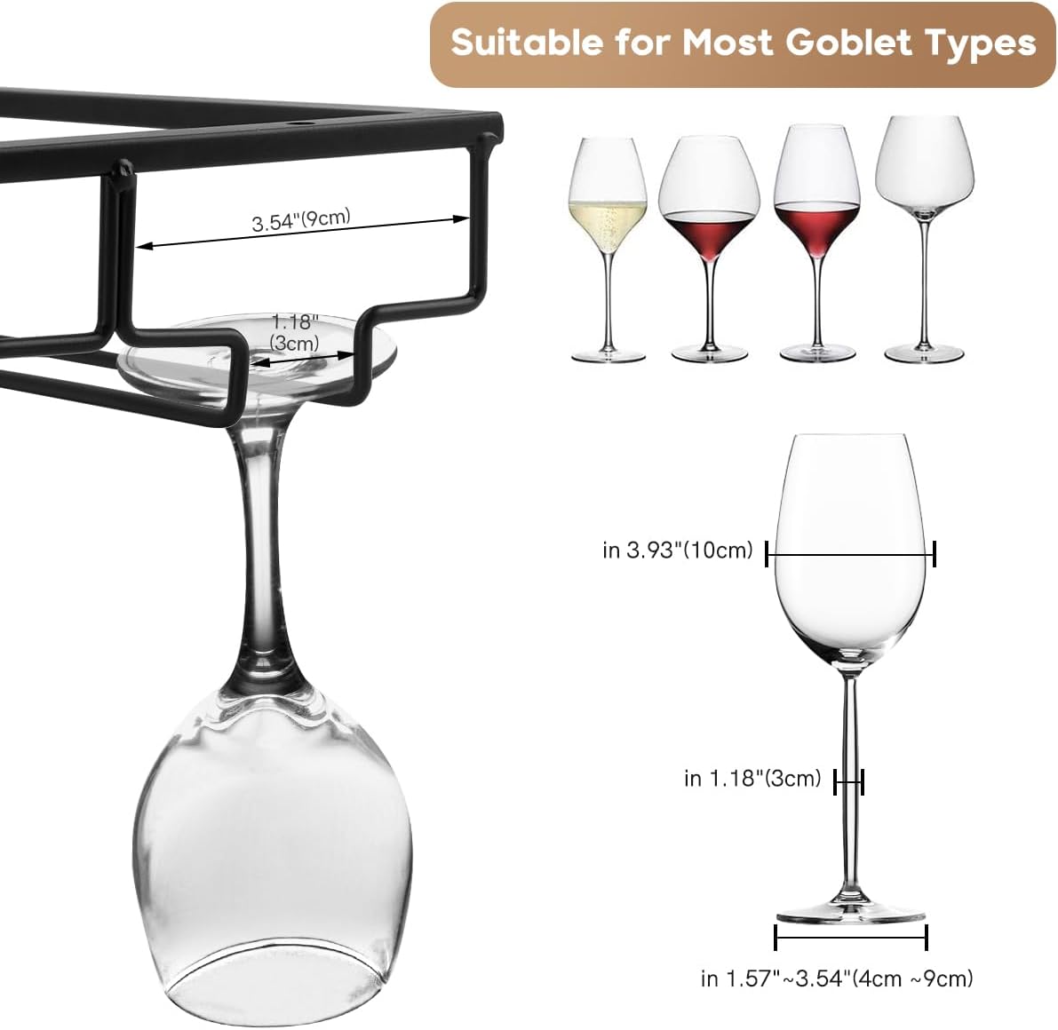 Xverycan Wine Glass Rack Under Cabinet, 6 Row Extreme Large Stemware Hanger, Metal Wine Goblet Holder, DIY Bar Glass Storage Rack for Bar Counter, Kitchen, Screws Included (Black)