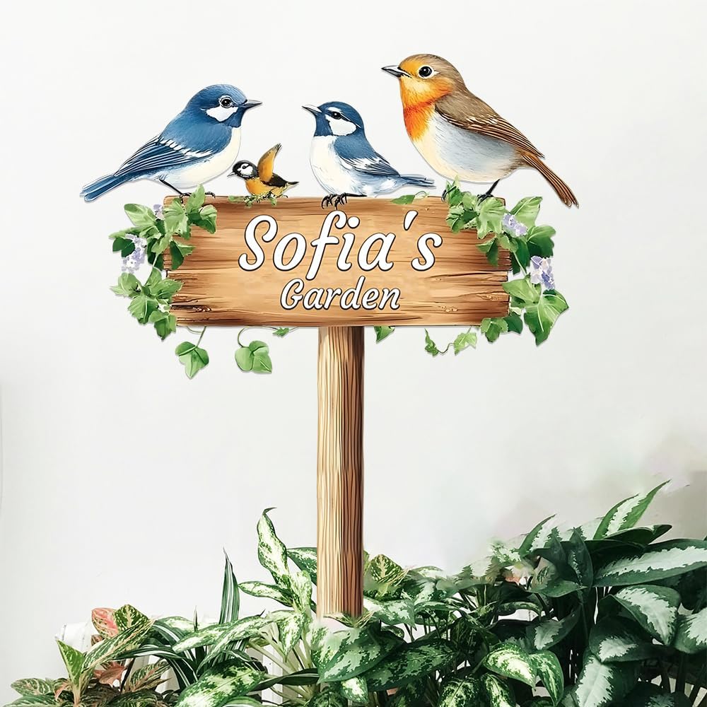 Personalized Colorful Bird Metal Sign with Stake,Custom Gardener Last Name Signs Outdoor Decorate,Customized Garden Accessories Decor for Mother,Birds on the Branch Plaques for Patio Lawn Porch Yard