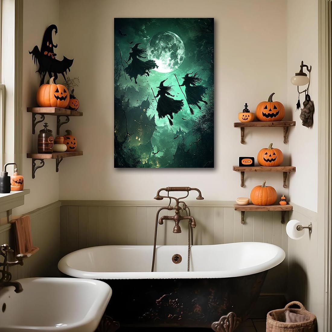 Flying Three Witches Halloween Canvas Wall Painting,Witches on Broom Under Full Moon Castle Victorian Decoration Haunted House Retro Poster for Living Room Bedroom Gallery,8"x12" Framed
