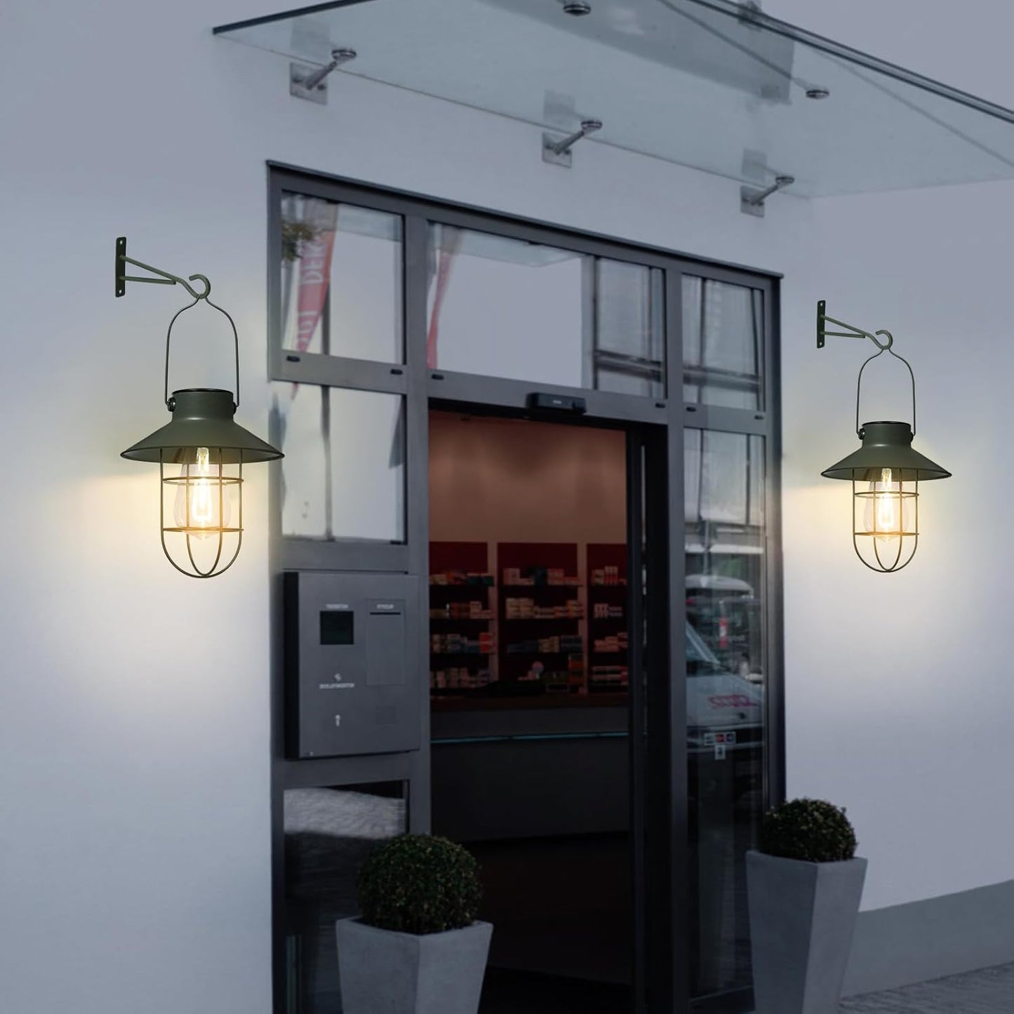 pearlstar Solar Lanterns Outdoor Metal Solar Powered Hanging Lights Waterproof for Wall Barn Yard Garden Patio Garage Balcony Porch Fence Decor, Warm White Edison Bulb (Green-2pack)