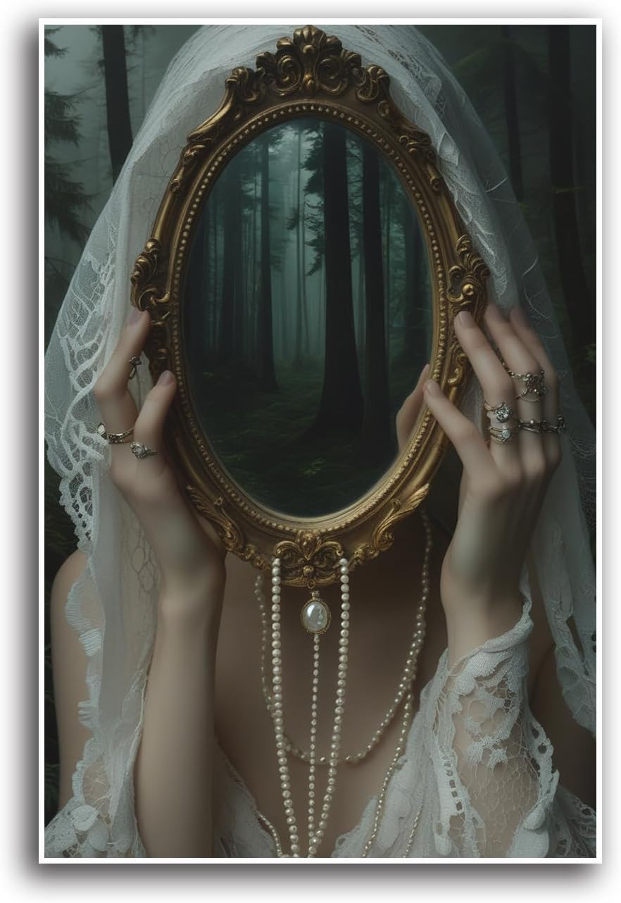 Mirror face covering dark art poster print melancholy gothic painting vintage feminine print victorian style decoration antique art24x36in Frameless
