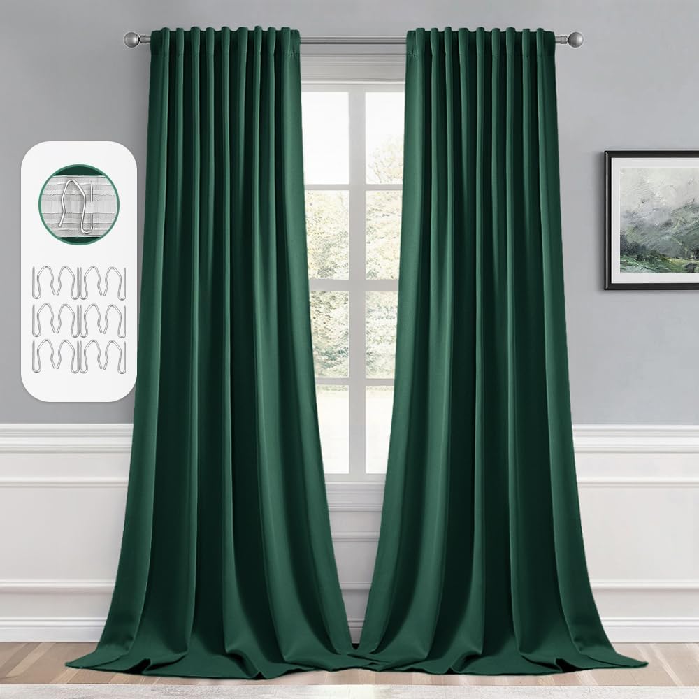 MIULEE Hunter Green Back Tab Blackout Curtain 96 Inch Long 2 Panels Set for Living Room Bedroom, Rod Pocket/Pinch Pleat Thermal Insulated Room Darkening Pleated Floor to Ceiling Drapes